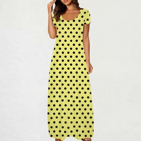 Ayolanni Ankle-Length Cute Dresses for Women Loose Yellow Polka Dot Short Sleeve Dresses Summer Dresses for Juniors S