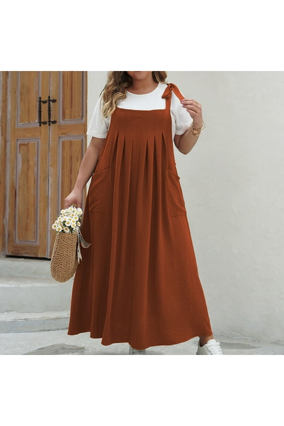Ankle-Length Dresses for Women Plus Size Pinafore Brown Pinafore Solid Plus Size Dresses Junior Dresses 3x