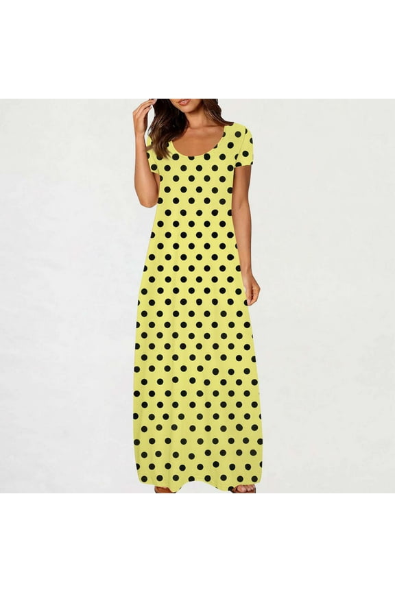 Ankle-Length Party Dresses for Women Plus Size Polka Dot Yellow Loose Short Sleeve Dresses Junior Dresses 4x