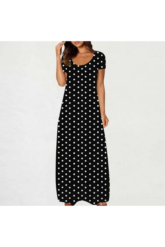 Ankle-Length Womens Summer Dresses Under $10 Loose Black Polka Dot Short Sleeve Dresses Girls Dresses L