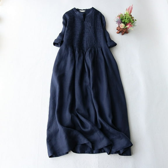 Ayolanni Ankle-Length Work Dresses for Women Cotton Linen Blue V-Neck Baggy Solid Short Sleeve Dresses Ladies Dresses L