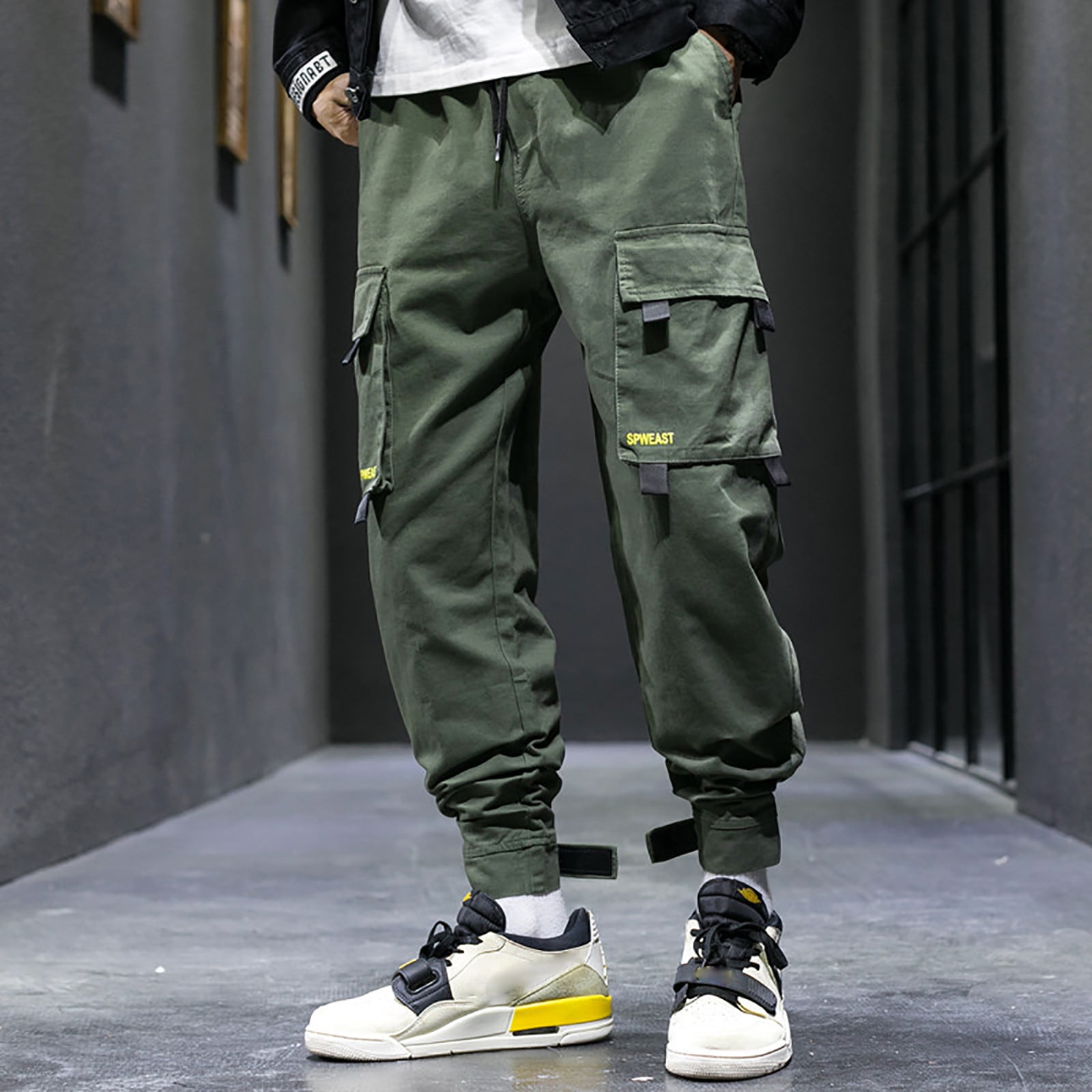 Ayolanni Army Green High Waisted Cargo Pants Men Solid Color Casual