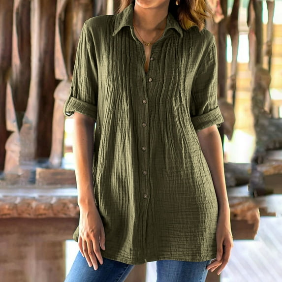Ayolanni Army Green Womens Blouses Baggy Short Sleeve Tab Solid Button-up Shirts Teens Shirts for Girls M