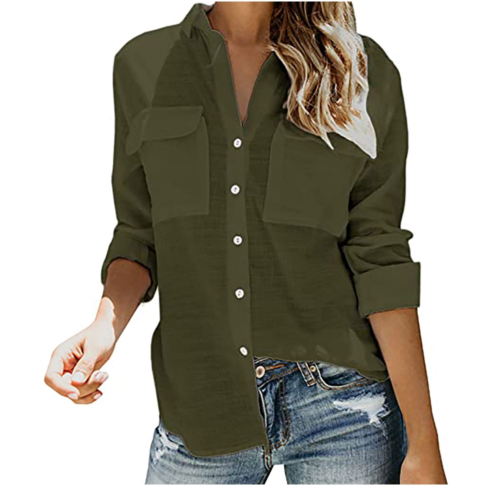 Ayolanni Army Green Womens Button Down Shirt Womens Solid Color Button Down  Shirts V Neck Loose Blouse Longt Sleeve Casual Work Tunic Tops With Pockets  