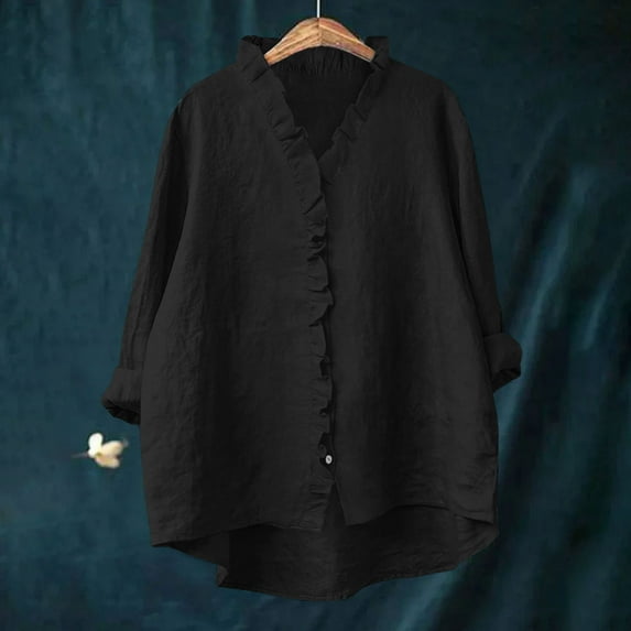 Ayolanni Baggy Shirt for Women Cotton Linen Long Sleeve Black Solid Button-Up Shirts Shirts for Girls XL