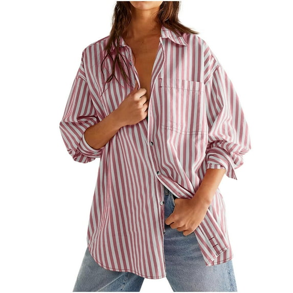 Ayolanni Baggy Women's Tops Plus Size Long Sleeve Striped Pink Button-Up Shirts Teens Shirts for Girls L