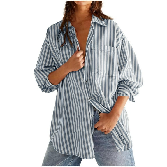 Ayolanni Baggy Womens Clothing Sale Prime Gray Long Sleeve Striped Button-Up Shirts Basics Womens Clothing XL