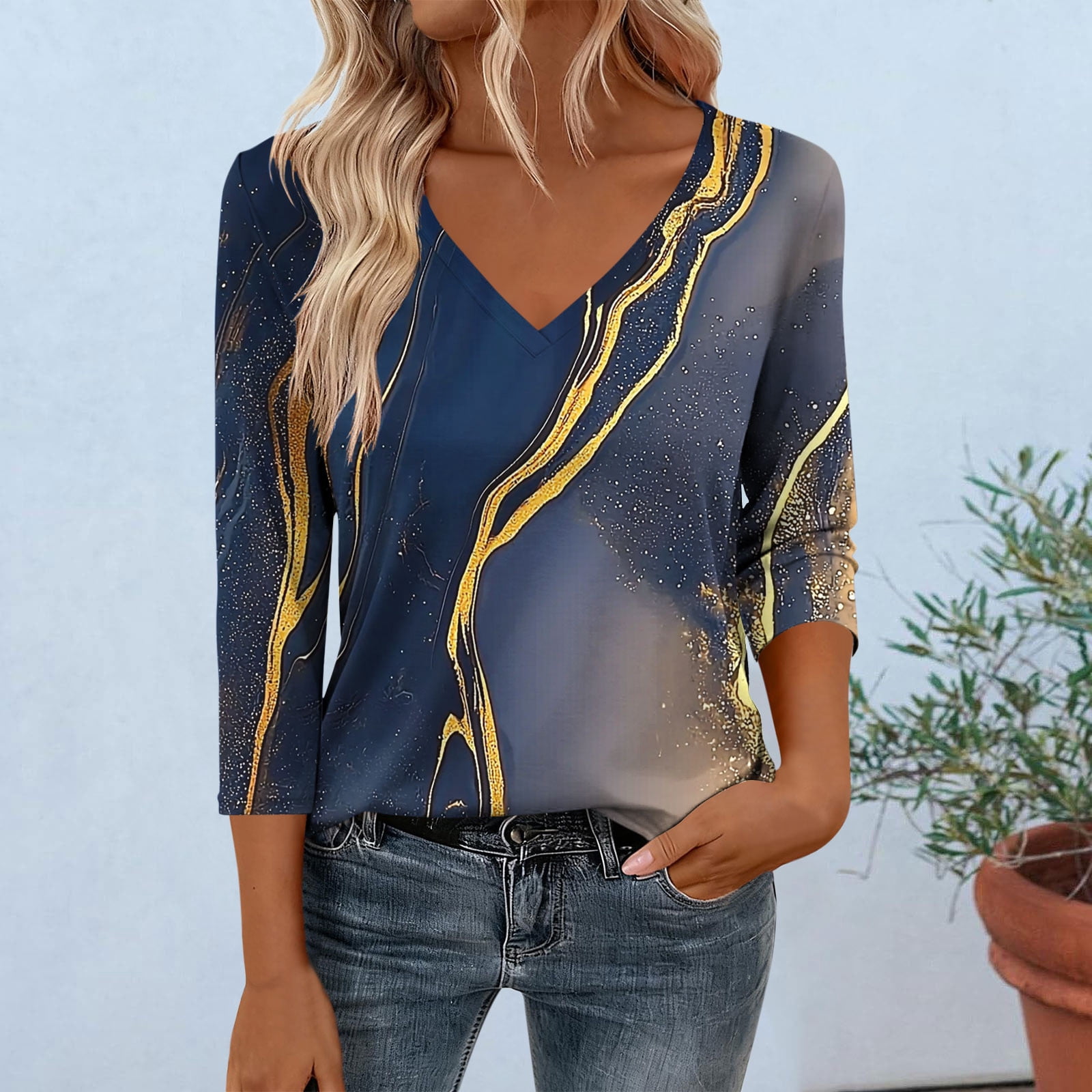 Ayolanni Basic T Shirts for Women 3/4 Sleeve Printed V-Neck Business ...