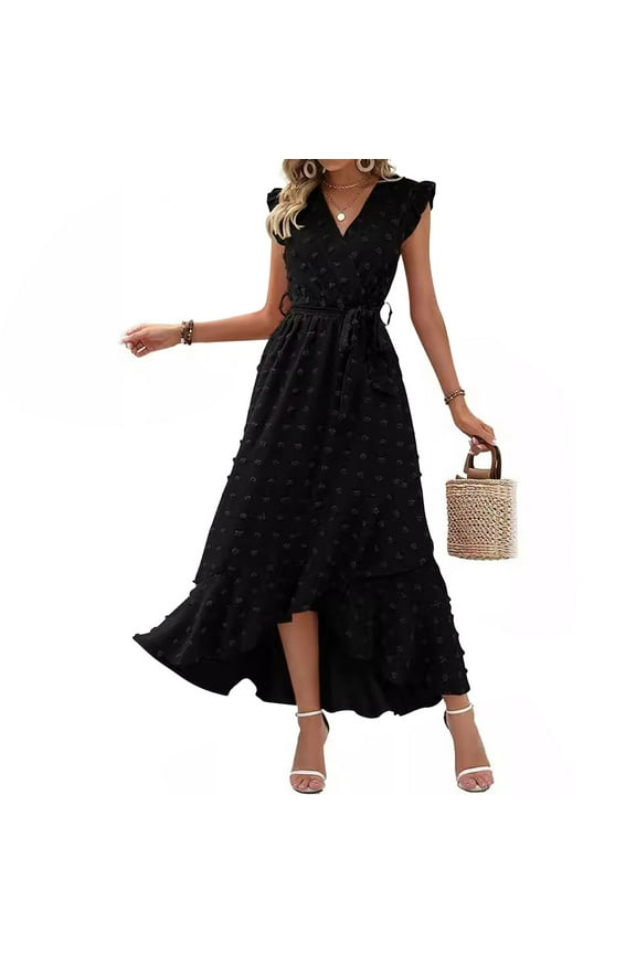 Beach Dresses for Women 2025 Vacation V-Neck Black Solid Sleeveless Maxi Dresses Church Dresses for Ladies S