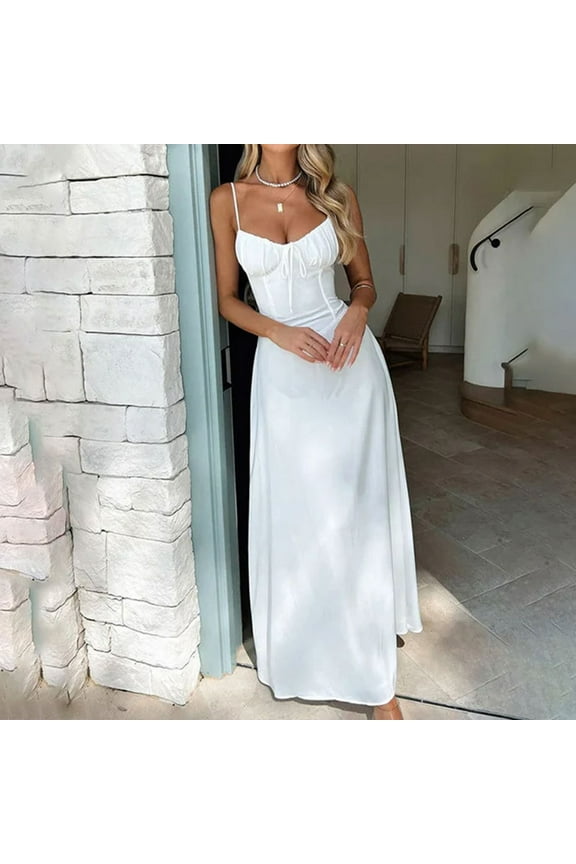 Beach Dresses for Women Full-Length White V-Neck Sleeveless Solid Vacation Dresses Dresses for Juniors S