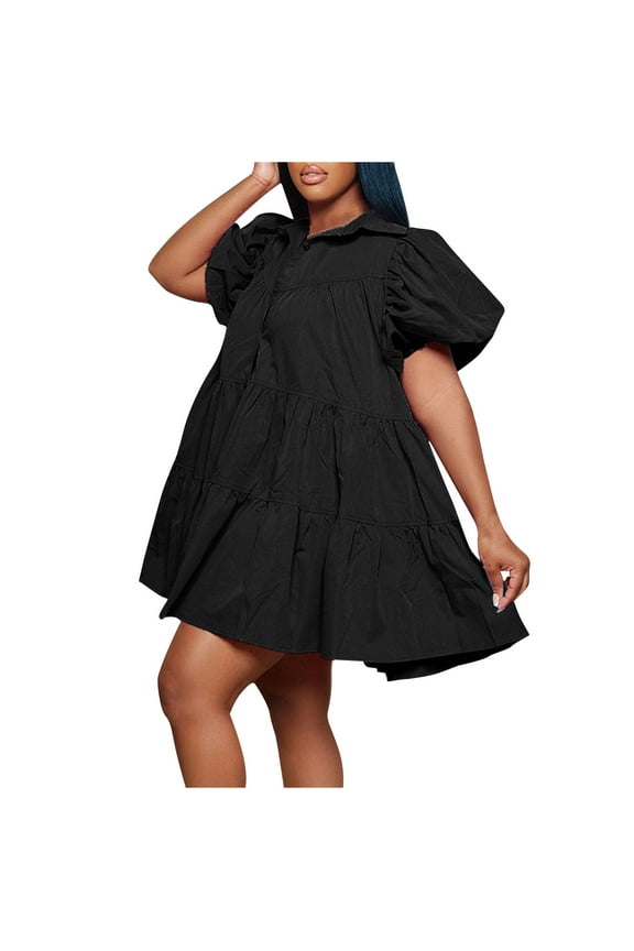 Beach Dresses for Women Knee-Length Black Plus Size Short Sleeve Solid Flutter Shirt Dresses Girl Dresses L