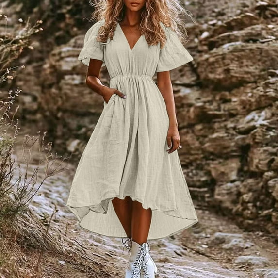 Ayolanni Beige Women Dresses Plus V-Neck Knee-Length Short Sleeve Solid Dresses Dresses for Ladies for Party XL