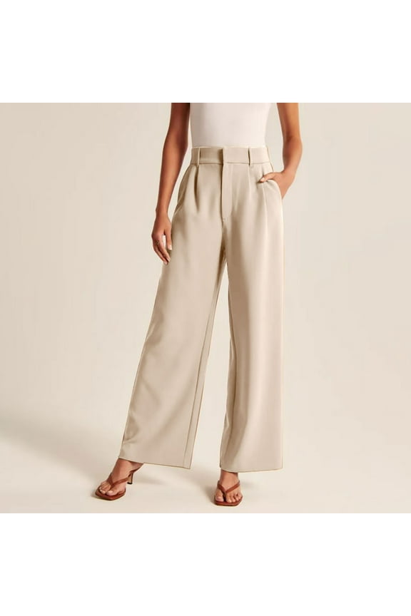 Beige Women's Fashion 2024 Dress Pants Plus Size High Waist Wide Leg Pants with Pockets Casual Solid Suit Pants