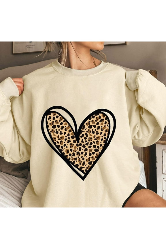 Beige Women's Sweatshirt Long Sleeve Crew Neck Pullover Leopard Print Sweatshirts Teens Hoodies