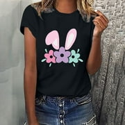 Ayolanni Black Bunny Ears Printed T-Shirts for Women Easter Day Cute Tunic Top Spring Short Sleeves Pullovers Size L