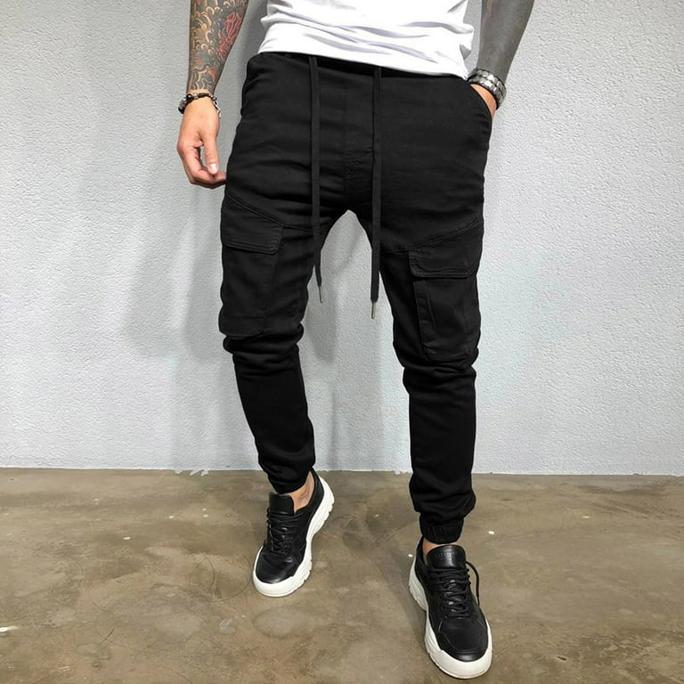 Men's Drawstring Cargo Pants in Black