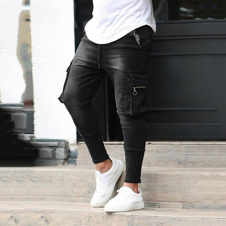 Ayolanni Black Cargo Pants for Men Baggy Men's Fashion Solid Denim