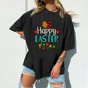 Ayolanni Black Cute Happy Bunny Shirts for Womens Easter Day Printed Tunic Top Spring Short Sleeves Graphic Tees Size L