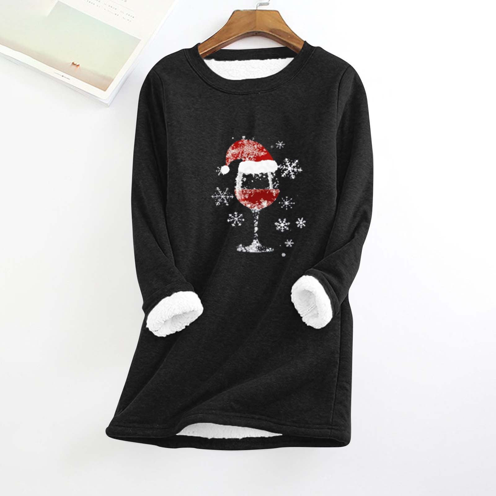 Ayolanni Black Fall Tops for Women 2024 Long Sleeve Fleece Crew Neck