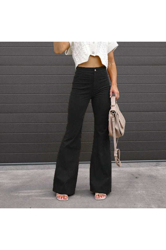 Black Petite Pants for Petite Women's Fashion Solid Color Bootcut Pants Casual Flared Long Trousers