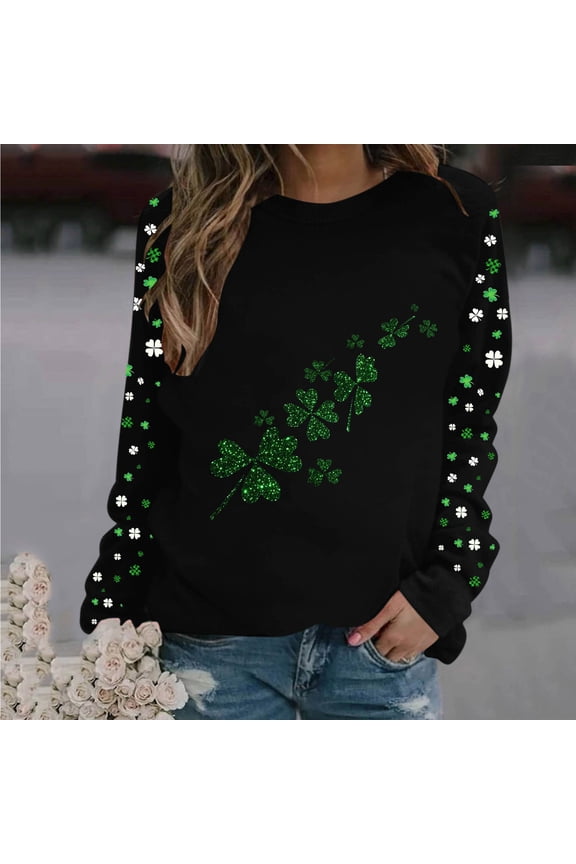 Black Sweatshirts for Women Pullover Graphic St. Patrick's Round Neck Plus Size Clover T-Shirt Woman Shirts S