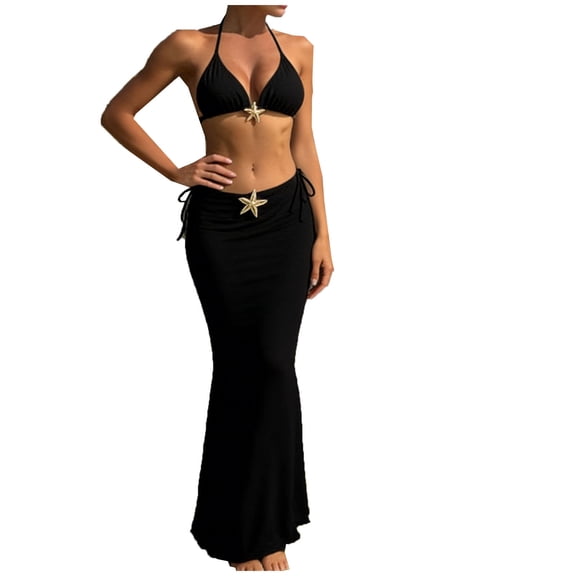 Ayolanni Black Womens Swimsuits 3 Piece High Cut Bandage Swim Skirt Drawstring Beachwear Bathing Suit for Women XL