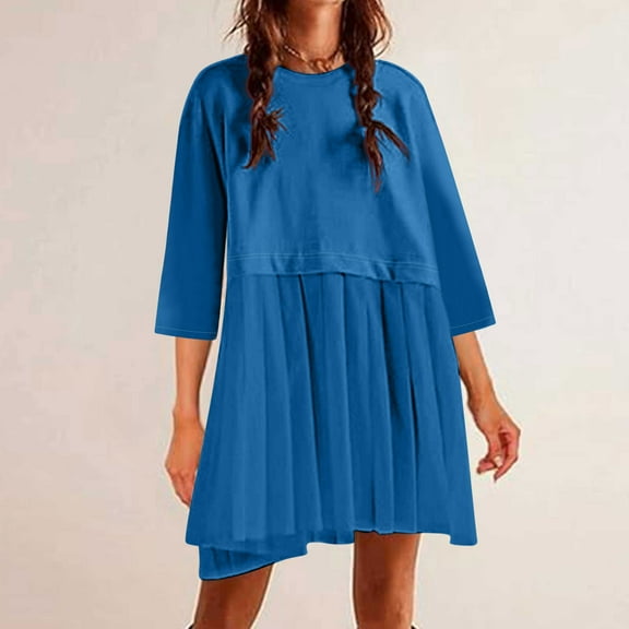 Ayolanni Blue 2025 Holiday Dresses for Women Knee-Length Short Sleeve Solid Dresses Tween Dresses L