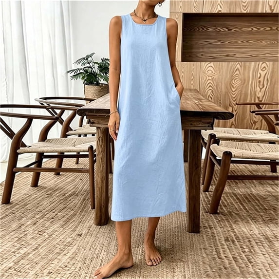 Ayolanni Blue Dresses for Women Crew Neck Sleeveless Cotton Linen A-Line Maxi Dress Solid Going Out Work Flowy Sundress XXL