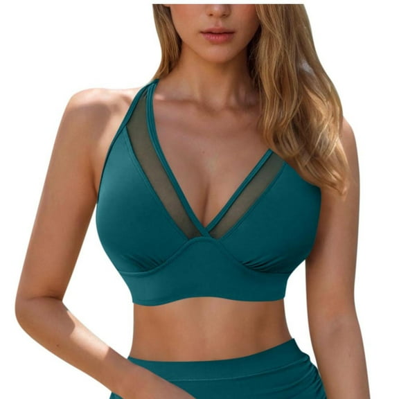 Ayolanni Blue Swim Suits for Women 2025 Push up V-Neck Cutout Sheer Padded Cheeky Swim Top Womens Swim Shorts L