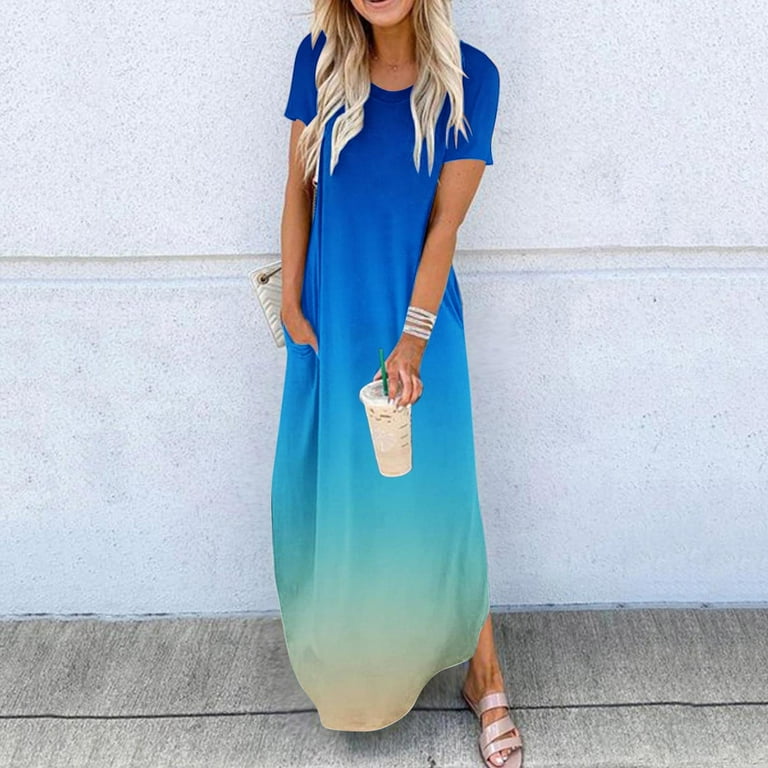 Ayolanni Blue Vacation Dresses for Women 2025 Vacation V-Neck Short Sleeve  Ombre Maxi Dresses Ladies Dresses 2x - Walmart.com