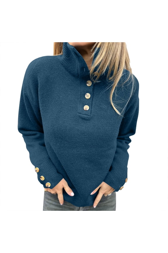 Blue Women Sweater Work Business Going out Shirts Turtleneck Button Cuff Classic Sweater Women Shirts S