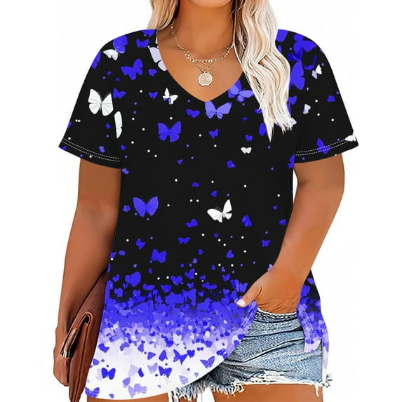Ayolanni Blue Women Tops Plus Size Short Sleeve V-Neck Butterfly Prints T-Shirts Shirts for Girls XL