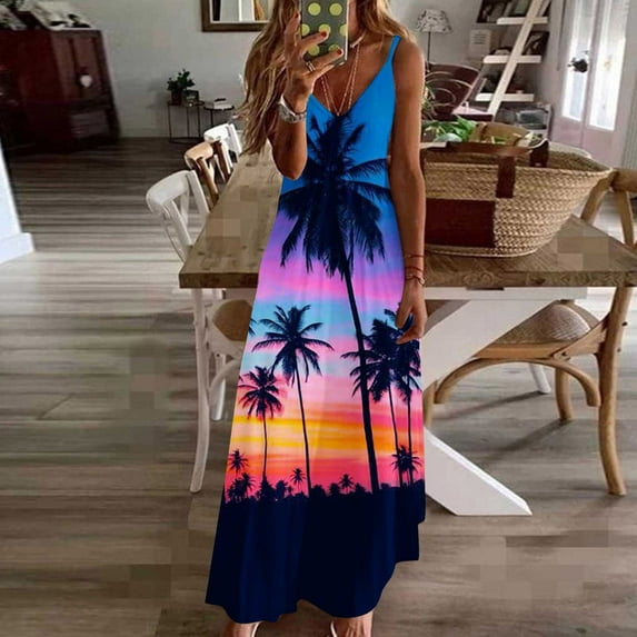 Ayolanni Blue Womens Summer Dresses Plus Size Ankle-Length V-Neck Hawaii Sleeveless Vacation Dresses Girls Dresses 3x