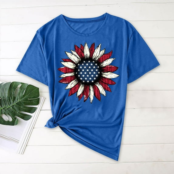 Ayolanni Blue Womens T Shirt The Fourth of July Short Sleeve T-Shirts Ladies Blouses Clearance under 10 XL