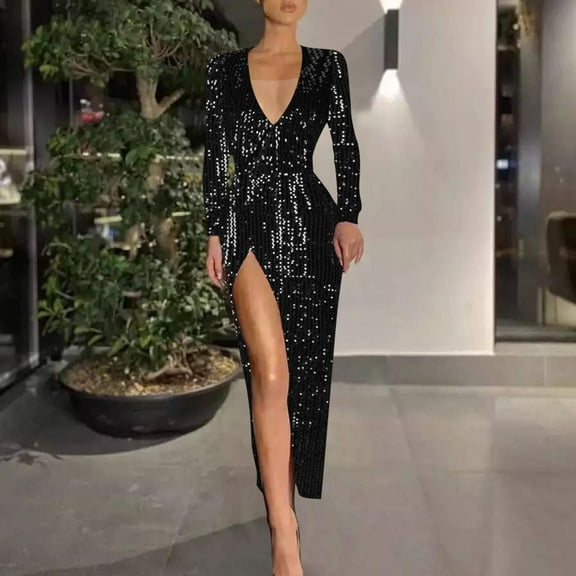 Ayolanni Bodycon Womens Dresses Holiday Sequin Black V-Neck Long Sleeve Evening Gown Maxi Dresses Ladies Dresses 3x