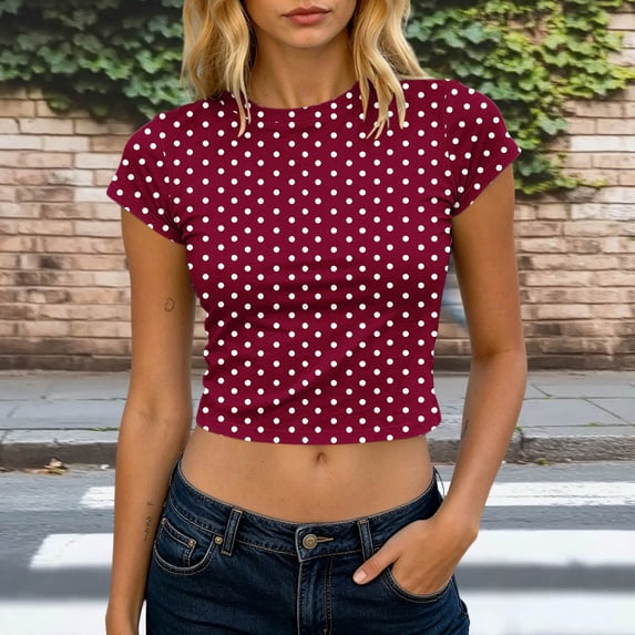 Ayolanni Boho Summer Tops for Women Crew Neck Polka Dot Print Short Sleeve Blouse Crop Vacation Fitted T-Shirt L