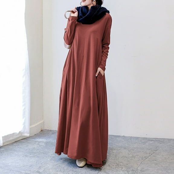 Ayolanni Brown Sun Dresses for Women 2025 Ankle-Length Long Sleeve Solid Tent Plus Size Dresses Tween Dresses XL