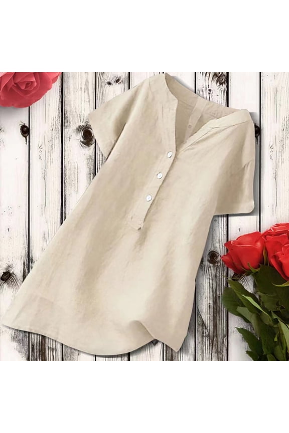 Button Down T Shirts for Women Short Sleeve Cotton Linen Solid V-Neck Blouse Pleated Plus Size Casual Shirts Womens Summer Tops Beige XL