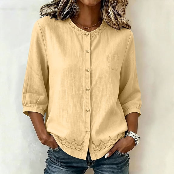 Ayolanni Button Down Summer Blouses for Women Scoop Neck Solid Cotton Linen 3/4 Sleeve Blouse Textured Oversized Pockets Tees Tops for Women Yellow XL