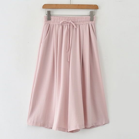 Ayolanni Capri Pants for Women Cotton Linen Drawstring High Waist Pink Wide Leg Pants Business Lightweight Work Solid Cropped Pants M