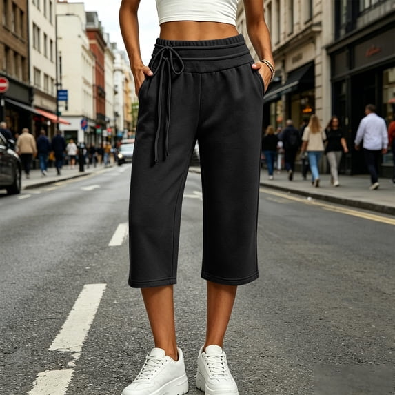 Ayolanni Capri Sweatpants Women Black Baggy Low Rise Sweatpants Straight Leg Athletic Drawstring Pants with Pockets