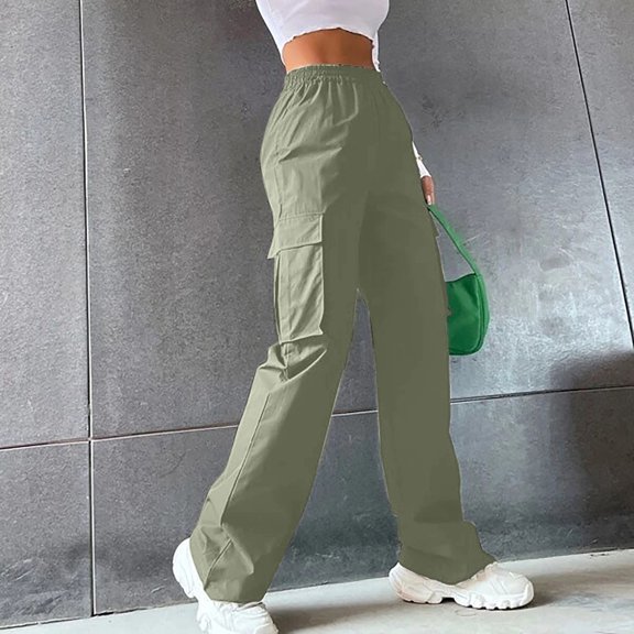 Ayolanni Cargo Pants Womens Elastic Waist Plus Size Green Travel Straight Leg Sweatpants Ladies Pants with Pockets XL