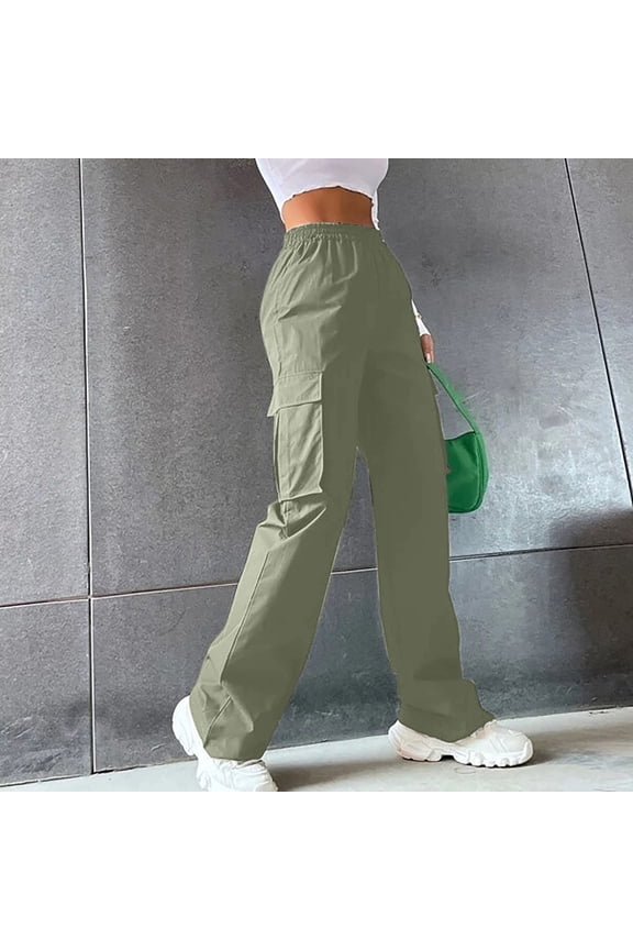Cargo Pants Womens Elastic Waist Plus Size Green Travel Straight Leg Sweatpants Ladies Pants with Pockets XL