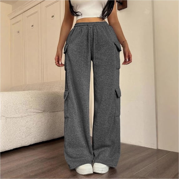 Ayolanni Cargo Sweatpants Women Dark Gray Athletic Wide Leg Sweatpants High Waist Drawstring Joggers Pants with Pockets