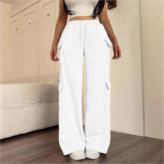 Ayolanni Cargo Sweatpants Women White Wide Leg Athletic Sweatpants Joggers Drawstring High Waist Pants with Pockets