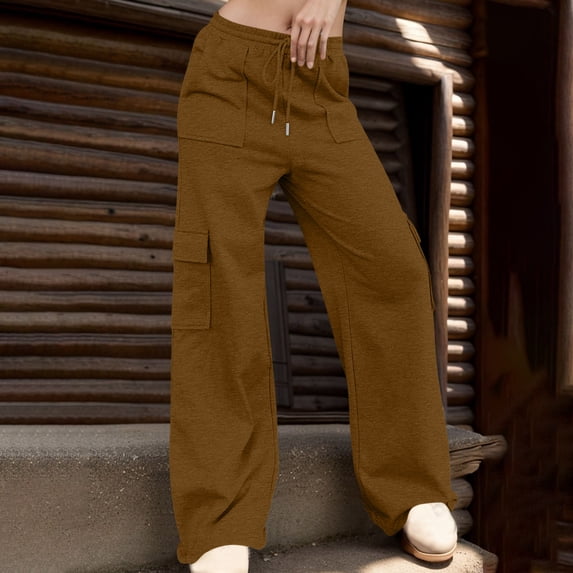 Ayolanni Cargo Sweatpants for Women Work Brown Athletic Sweatpants Drawstring Low Rise Wide Leg Pants with Pockets