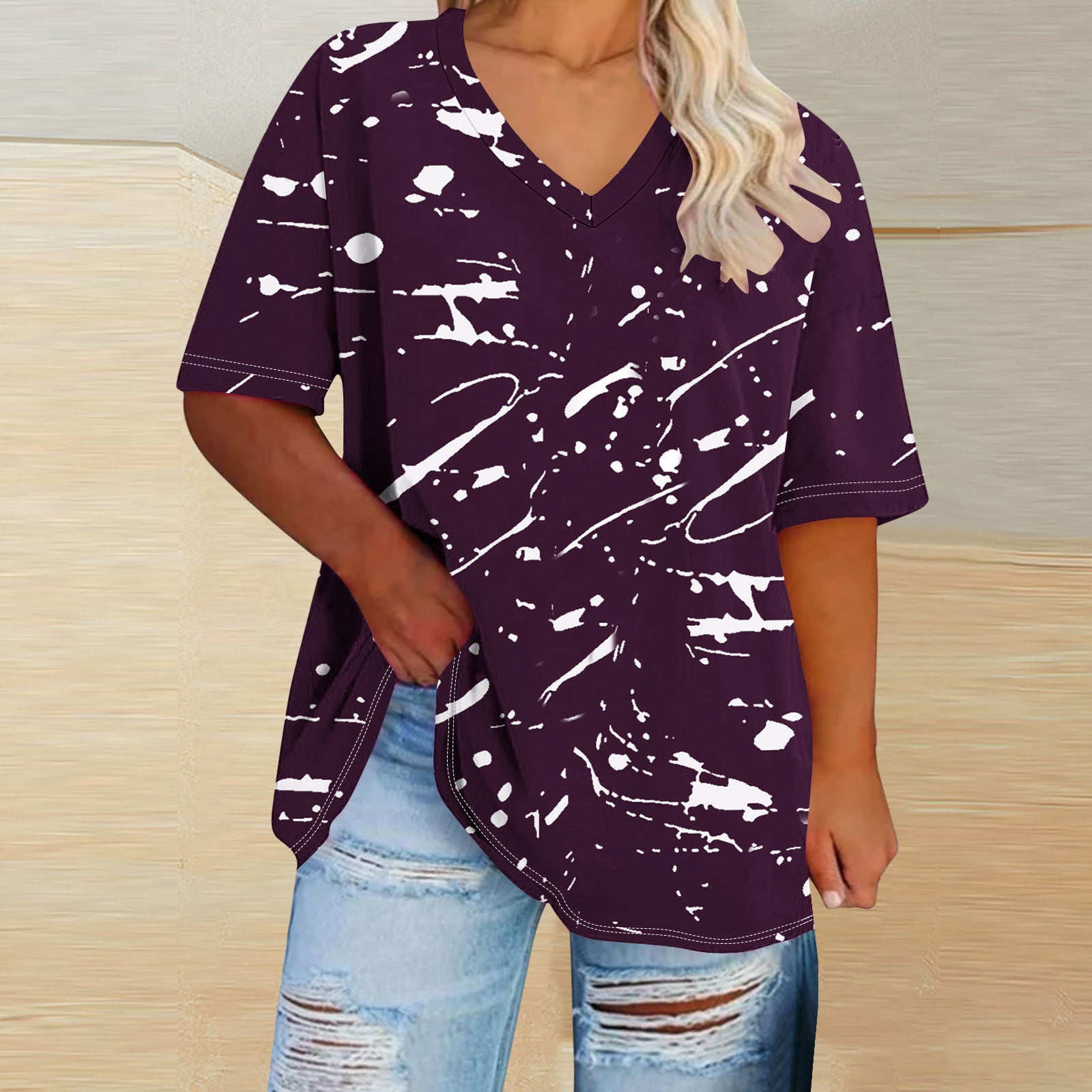 Ayolanni Casual Basic Tees for Workout V-Neck Short Sleeve Line Print T ...