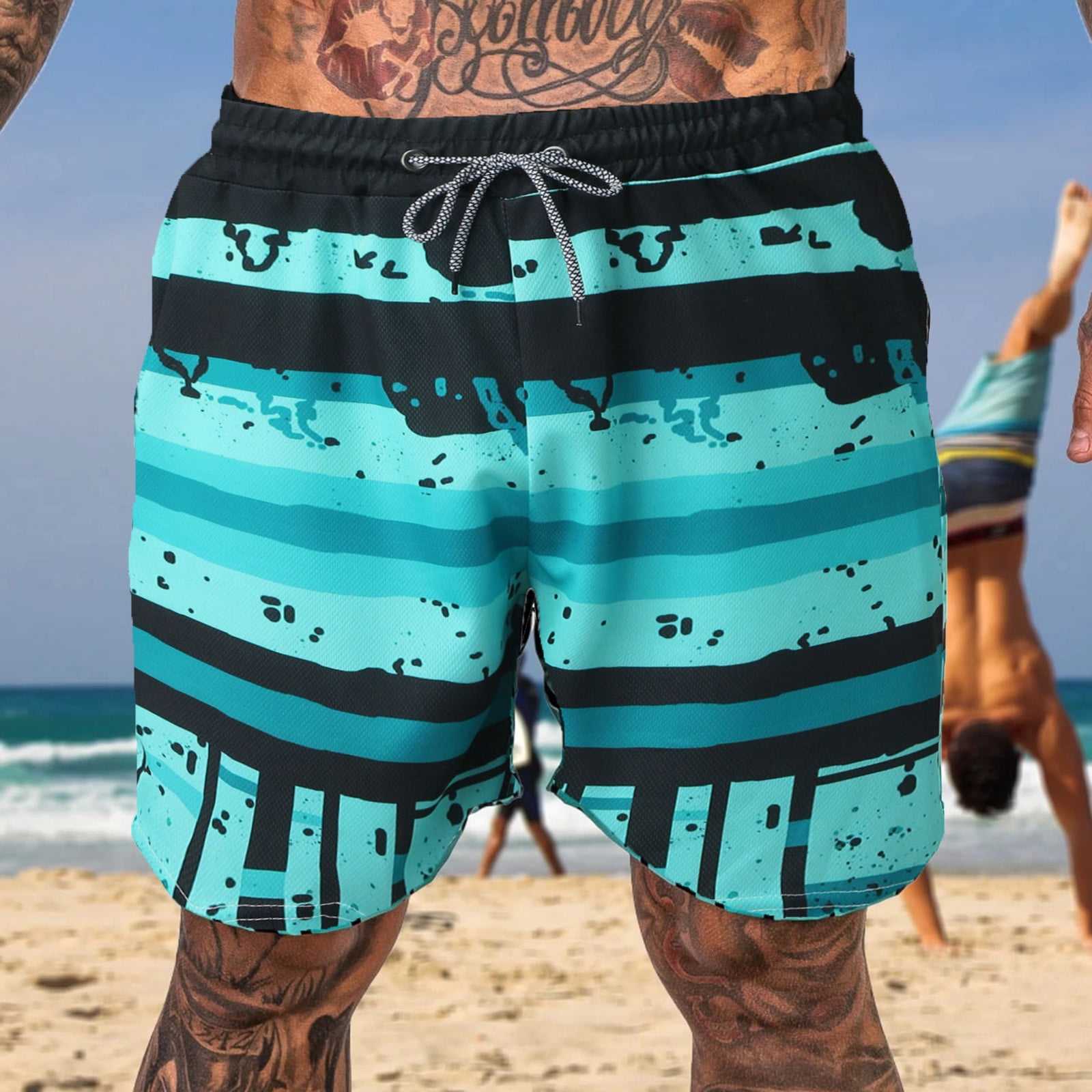 Ayolanni Casual Big Men Shorts Elastic Waist Green Beach Shorts Striped