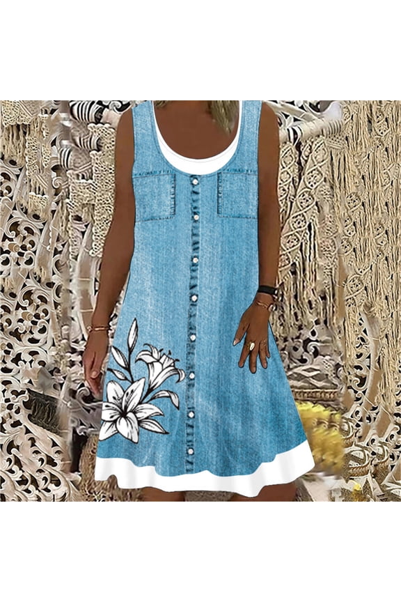 Casual Dresses for Women 2026 Crew Neck Sleeveless Midi Twofer Dress Floral Holiday Loose Sundress S