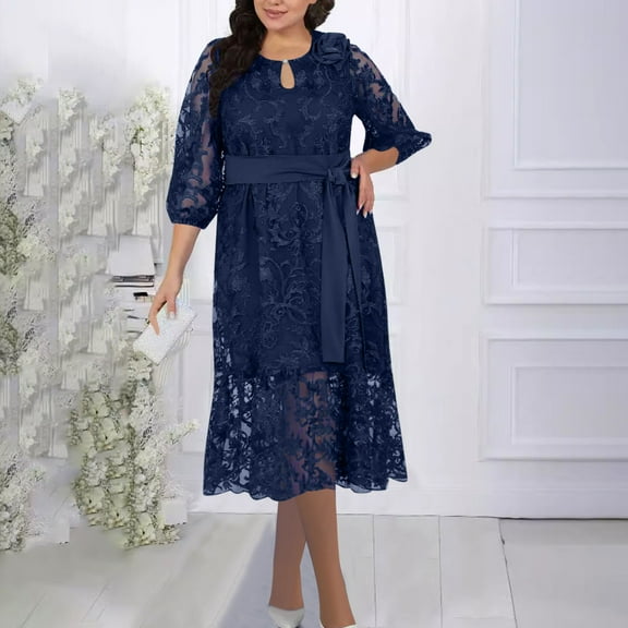Ayolanni Casual Dresses for Women Under $15 Plus Size Navy V-Neck Solid Long Sleeve Midi Dresses Girls Dresses L